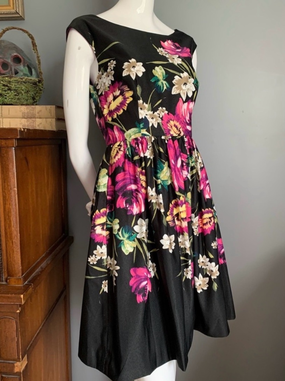 ELIZA J Black Floral SWING A-Line SLEEVELESS Belted DRESS  12 - Picture 7 of 7